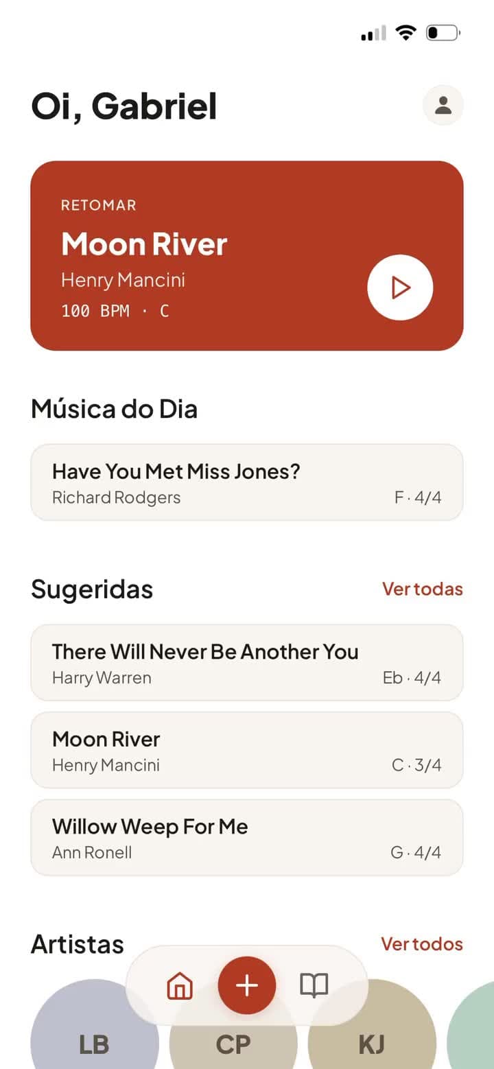 App Breve mostrando a partitura de um standard de jazz com análise harmônica